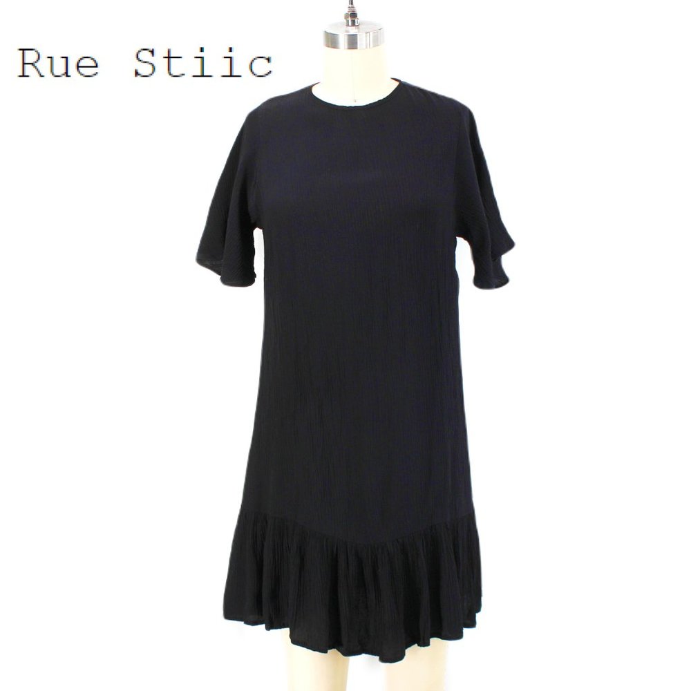 Rue Stiic Crinkle Textured Mini Dress Flutter Sleeve Keyhole Tie Black Small - Picture 1 of 16